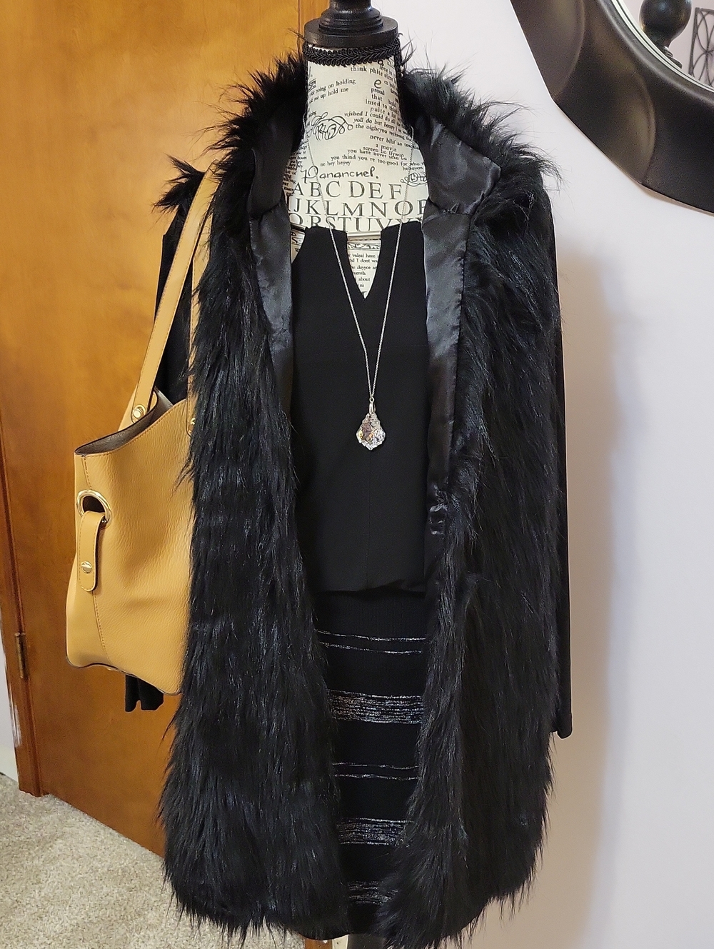 Adrianna Papell Black Faux Fur Long Open-Front Vest